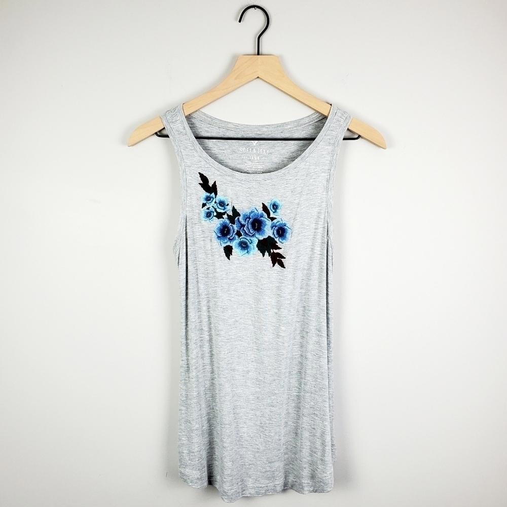 American Eagle Gray Floral Tank Xs